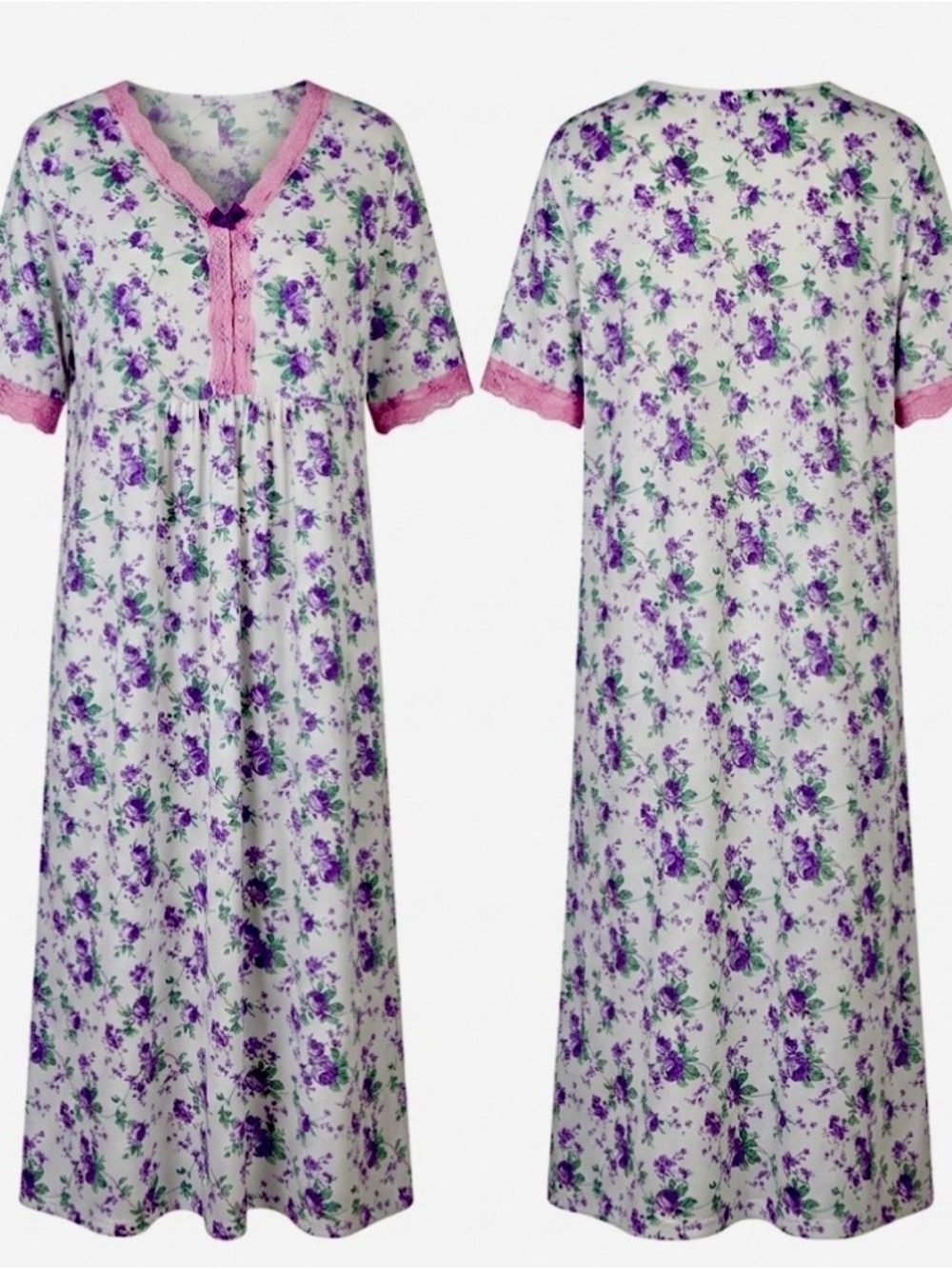 Vintage floral cotton blend nightgown purple  flowers pink lace trim V-neck XXL